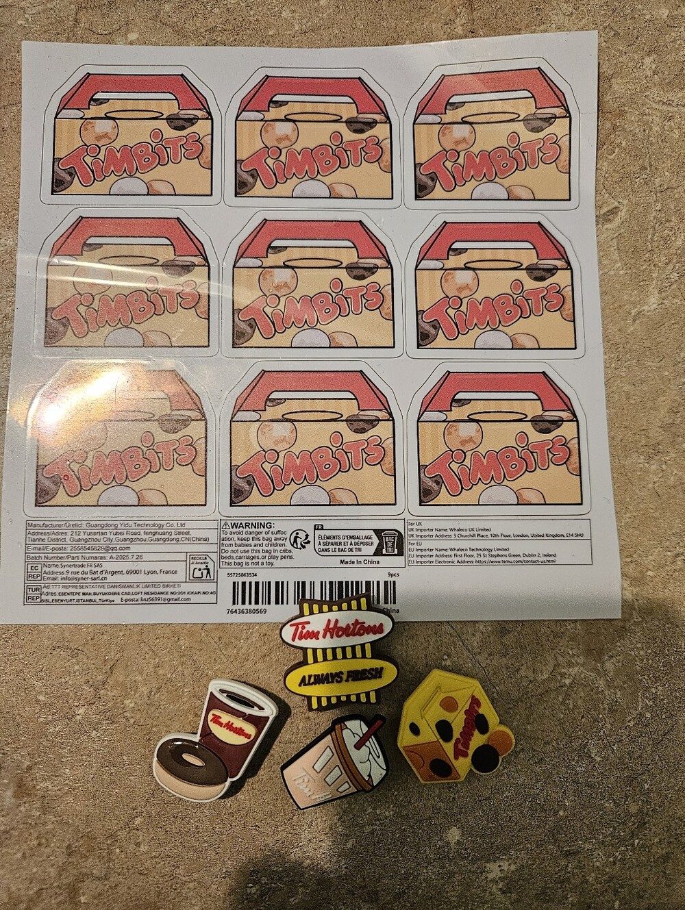 Tim Hortons Timbits Sticker Sheet + Shoe Charms (Beige, Red, Yellow, Brown)